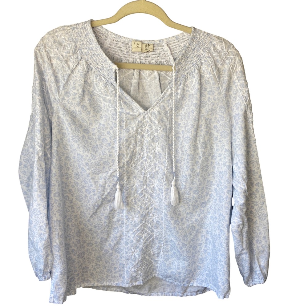 Joie Blue Floral Embroidered Linen Blend Tassel Peasant‎ Blouse Womens Medium